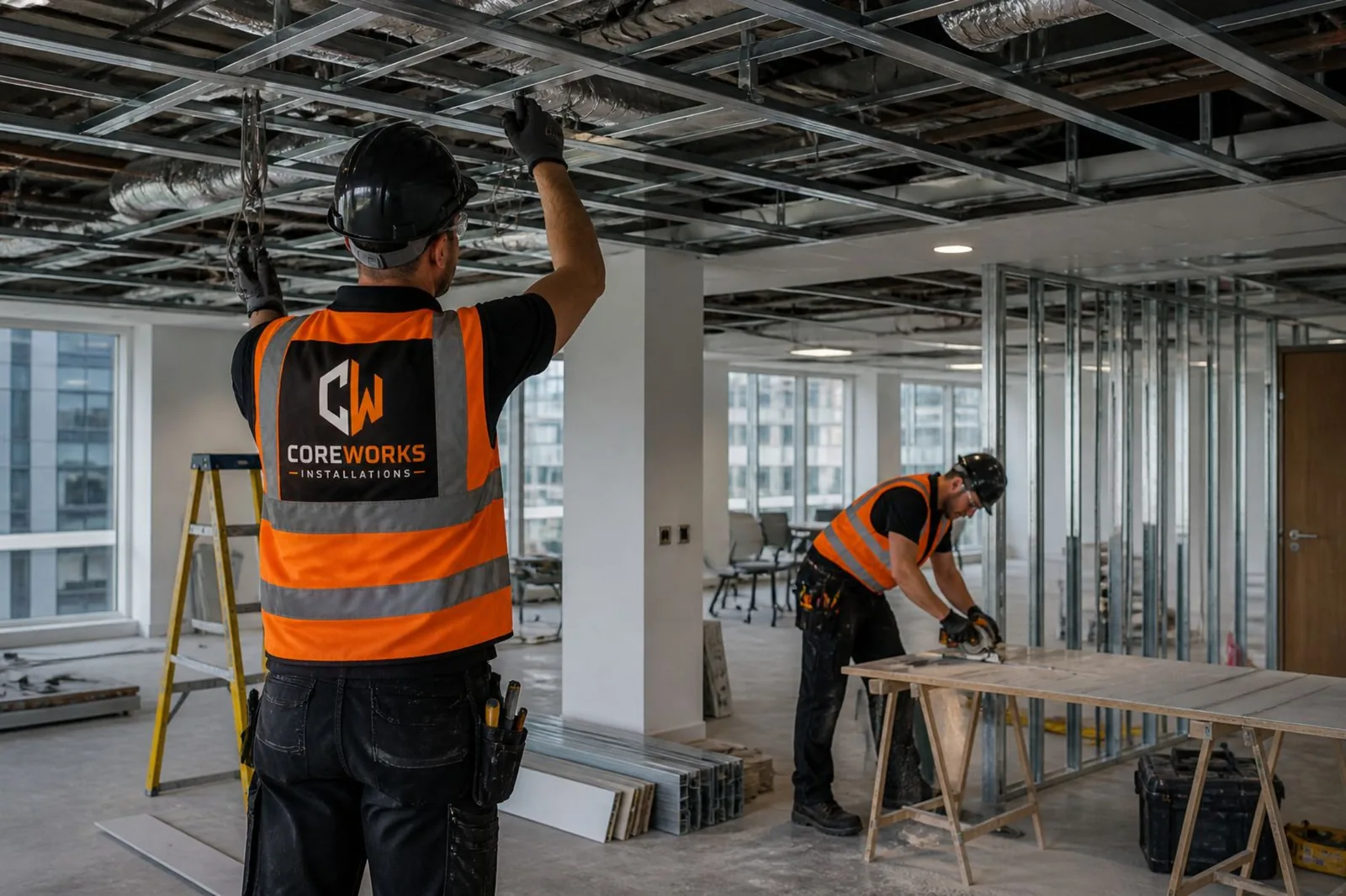 Contractors working on an interior fit-out project